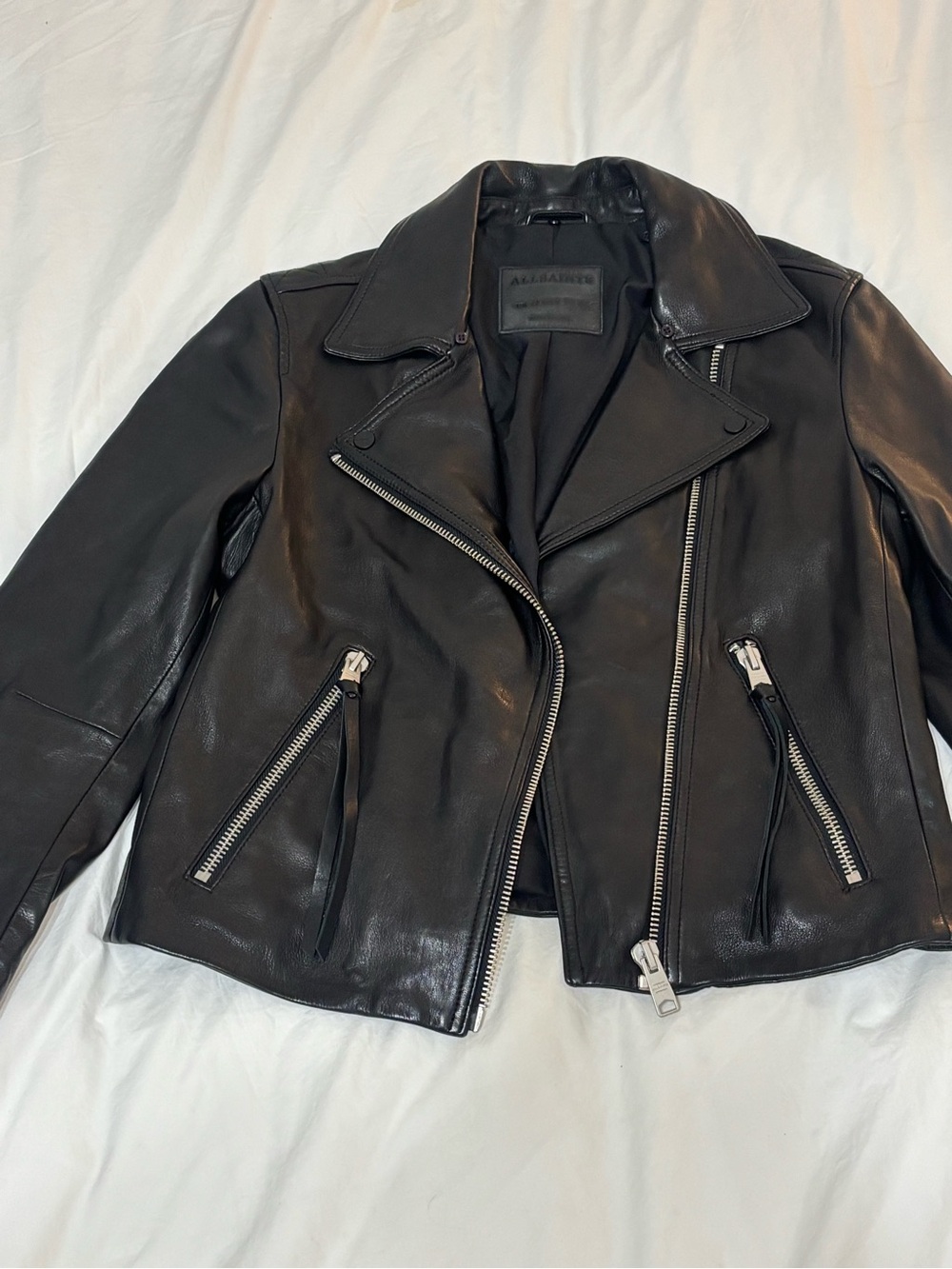 All Saints Black Leather Moto Jacket with Silver Hardware